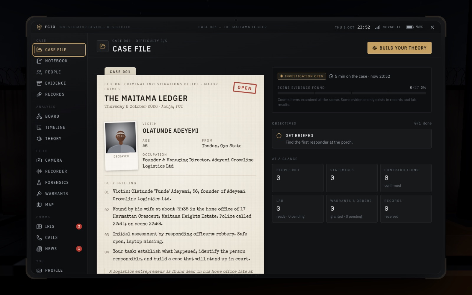 Casefile Africa: the investigator device at a crime scene